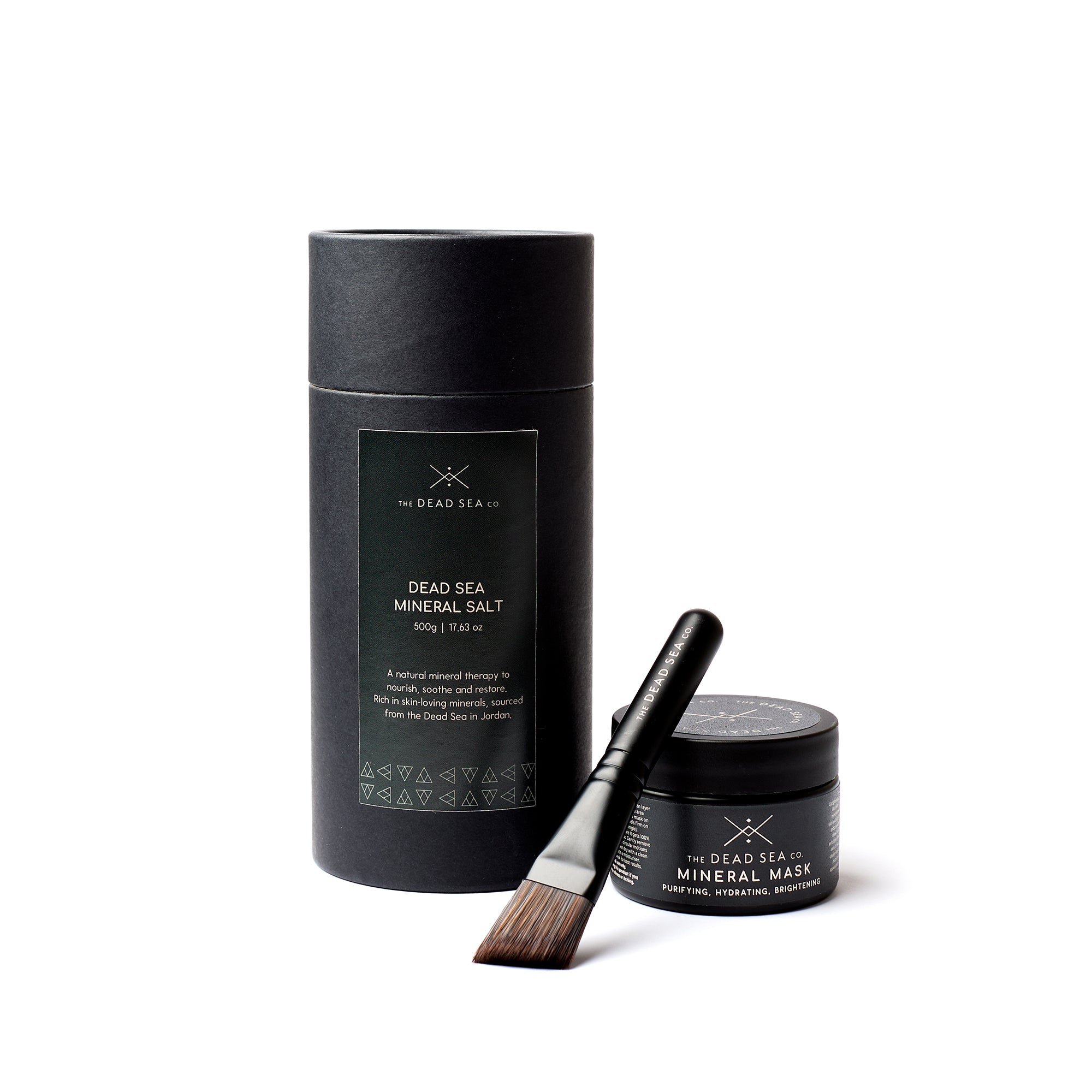 The Dead Sea Co. Mineral Ritual Spa Set featuring 500g Dead Sea mineral salt, 80g mineral mud mask, and luxury application brush—natural skincare for detox, hydration, and holistic wellness.
