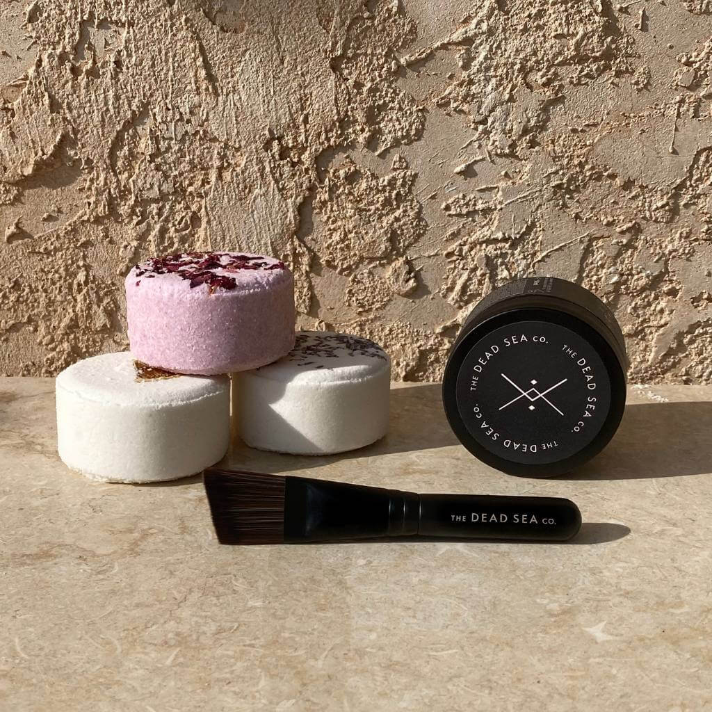 Dead Sea mask with three Dead Sea bath bombs and angled face mask brush