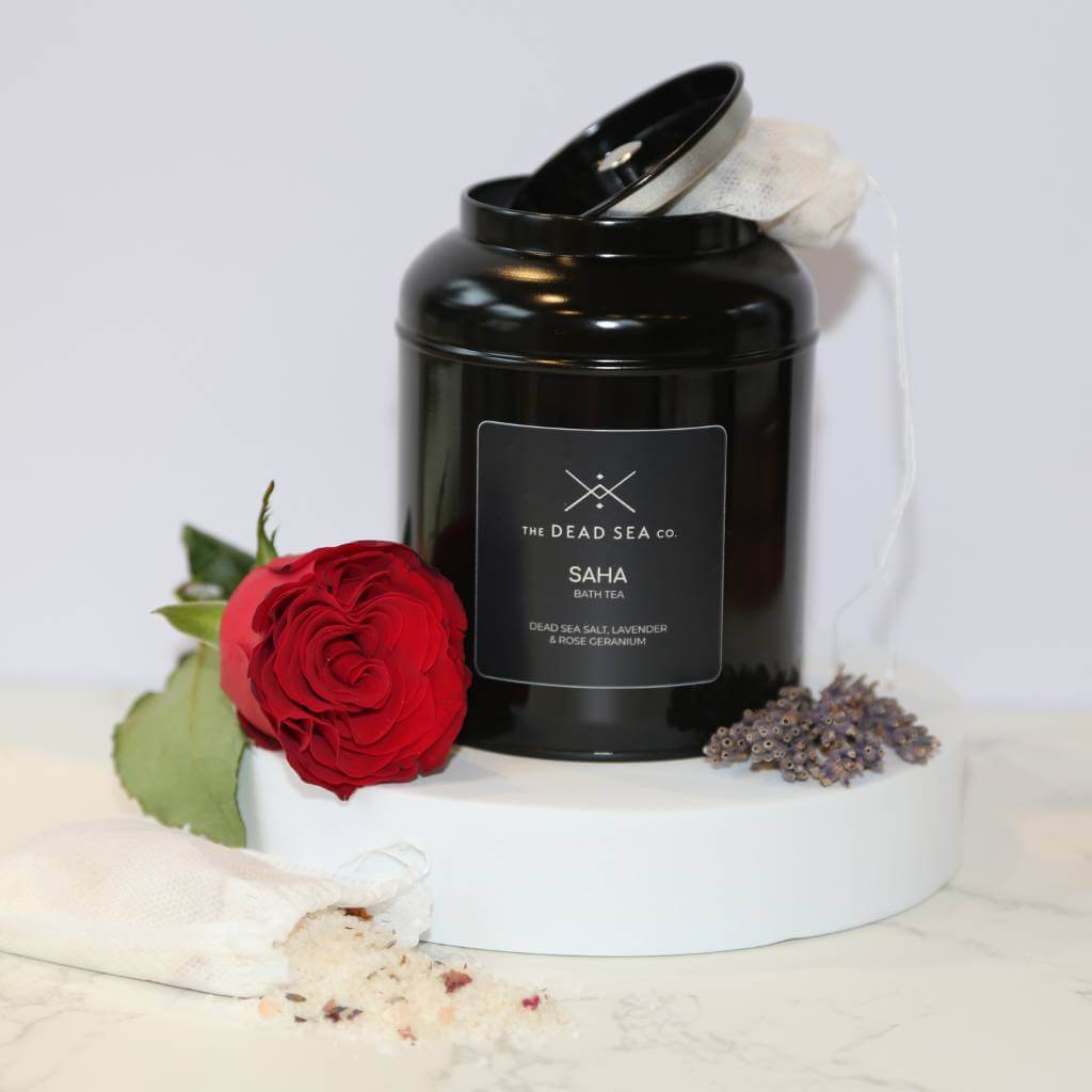 Lavender and Rose Geranium Bath Tea in a Tea Caddy with lid open